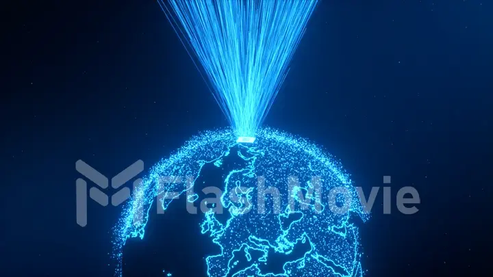 CPU technology background. 3D illustration A powerful processor on the planet earth emits a data stream up into space. Colorful blue digitizing process. Data transmission, futuristic industry.
