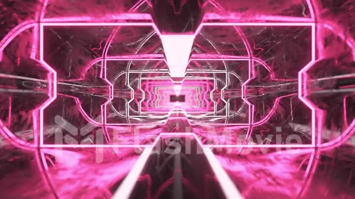 Futuristic animation of flying through a red tunnel with neon lights. 3d animation of seamless loop