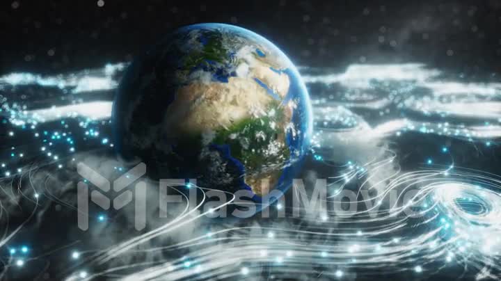A rotating globe in optical fiber clouds transmitting signals throughout the universe in space. The concept of disseminating information in the world and space. Seamless loop 3d render