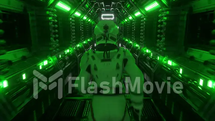 Astronaut runs through a tunnel to another compartment of the space gate. Spaceship and technology concept. 3d illustration