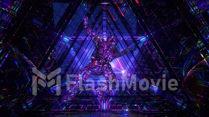 Crystal astronaut falling in the corridor of a spaceship. Neon light. Diamond composition. 3d illustration