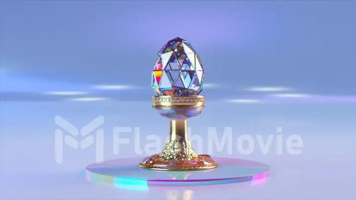 Holiday concept. Diamond egg on a golden stand. Precious. Easter. Rose blue color. 3d illustration