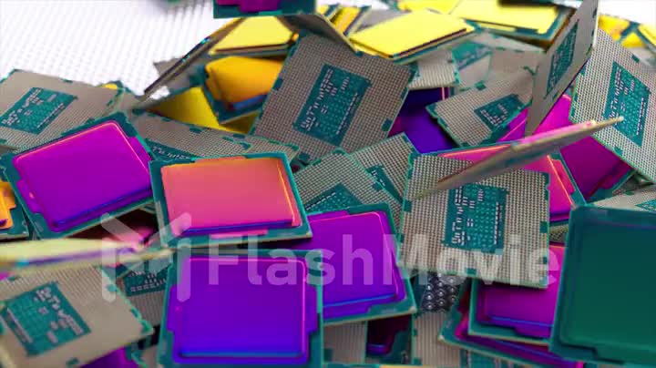 Many square rainbow chips fall from above into a pile of chips. Computer. AI. CPU. Blue, pink neon color. 3d animation.