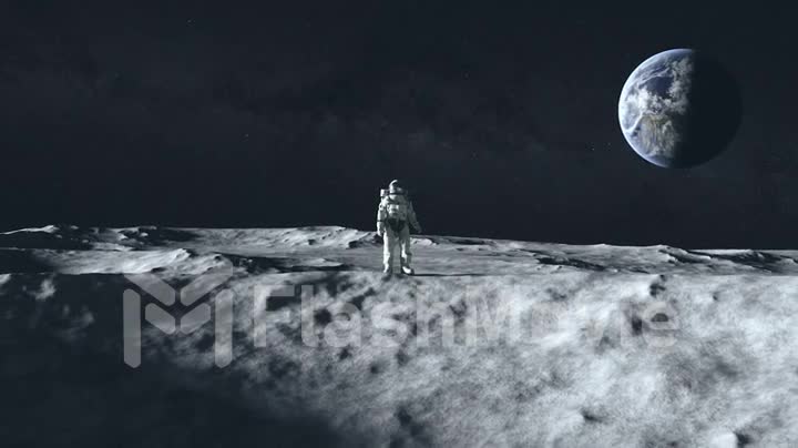 An astronaut stands on the surface of the moon among craters against the backdrop of the planet earth. Outer space. Ultra realistic 3d animation