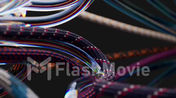 Multi-colored and transparent wires, curved and tangled. Irregular movement. Black isolated background. 3d animation.