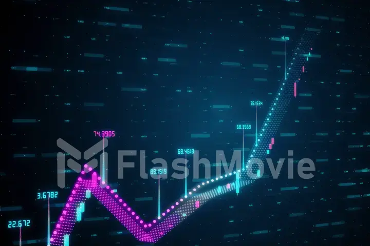 Growing linear 3d illustration graph showing positive growth and trends with numbers in blue violet color on blue tech background with motion