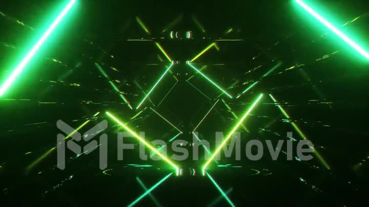 Abstract flying in futuristic corridor, seamless loop 4k background, fluorescent ultraviolet light, mirror lines laser neon lines, geometric endless tunnel, green spectrum, 3d render