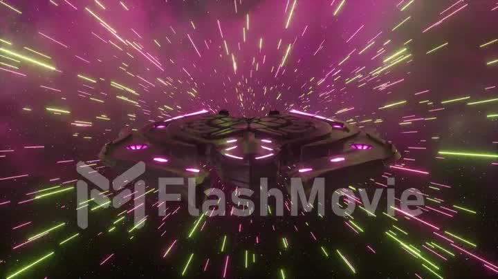 Futuristic spaceship flies through cyberspace. Neon colored lines. Abstract concept. 3d animation of seamless loop