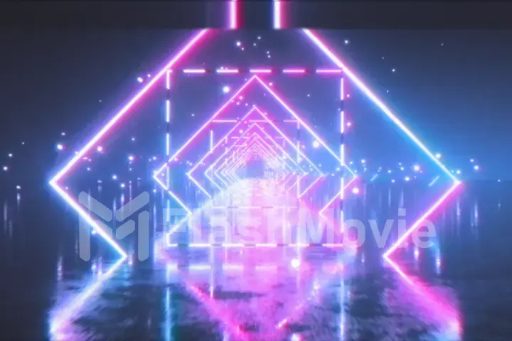 Flying in a retro futuristic space with glowing neon square in the style of the 80s. 3d illustration. The effect of the old film cassette with noise, interference and distortion.