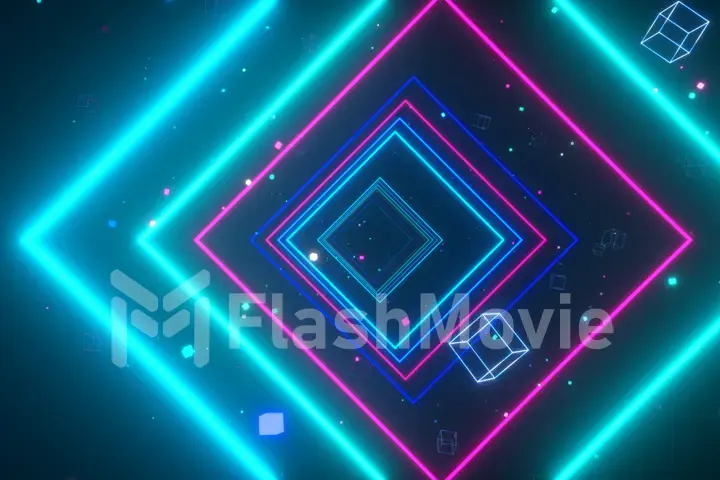 An endless tunnel of luminous multicolored neon squares for music videos, night clubs, LED screens, projection show, video mapping, audiovisual performance, fashion events. 3d illustration