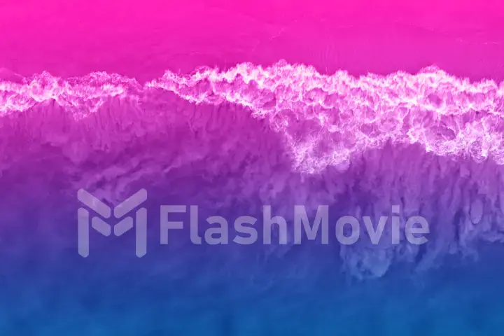 Bright colorful top view of the beach in ultraviolet neon color. Unusual combination of colors. Magical atmosphere.