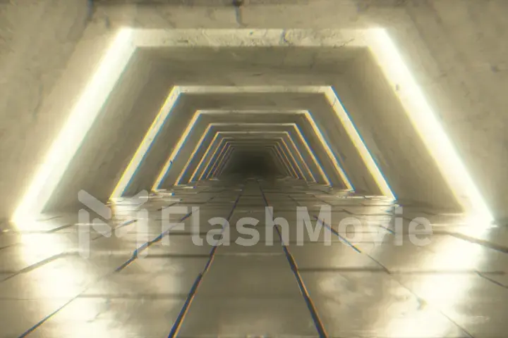 Flying in futuristic tunnel with fluorescent ultraviolet lights. Sci-fi interior corridor. Modern light spectrum. 3d illustration