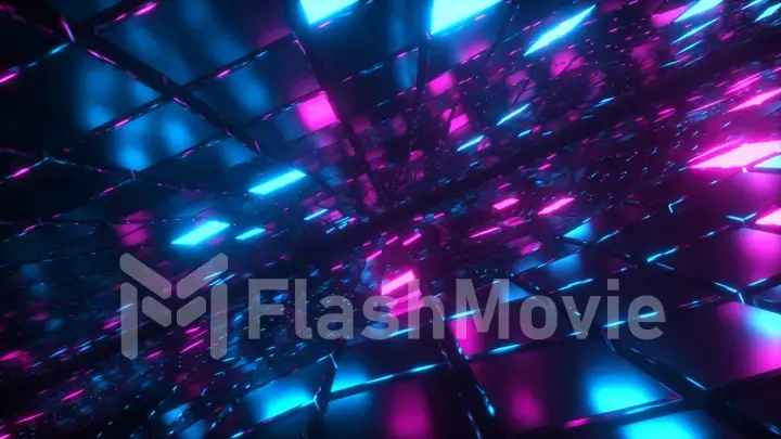 Abstract flying in endless space of neon and metal cubes. Modern blue purple color spectrum of light. Glass metal walls. 3d illustration