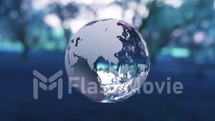 Glass globe rotates in the blue forest. Blurred background. Nature protection concept. 3d animation of seamless loop