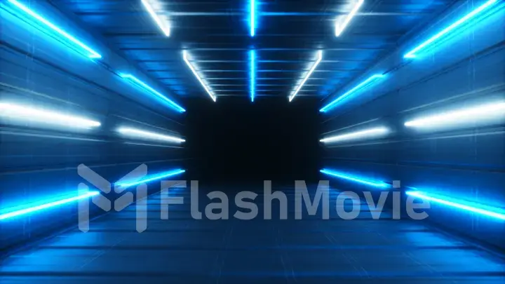 Flying in an abstract blue futuristic interior. Corridor with neon luminous fluorescent lamps turned on. Futuristic architecture background. Box with a metall wall. 3d illustration
