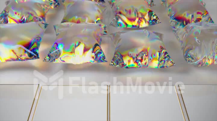 Metal square tiles transform into flying transparent pillows. Light refraction. Diamond. 3d animation of seamless loop