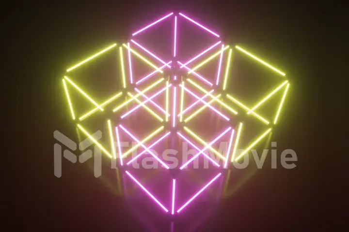 Four rotating glowing neon cube, fluorescent ultraviolet light, multicolored spectrum, abstract 3D illustration geometric background