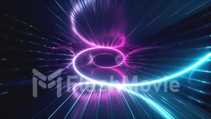 Abstract neon background. 3d render neon ultraviolet spiral spreads along the metal corridor. Hypnotic spiral, blue red pink purple spectrum, 3d illustration