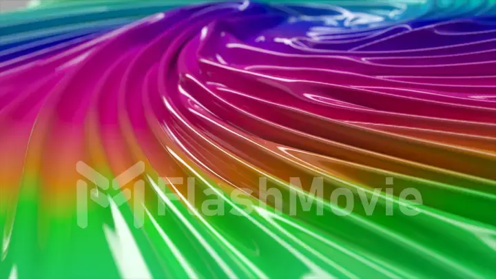 The iridescent glossy surface is covered with wedges. Whirlpool. Liquid rainbow. Multicolored background. Illustration.