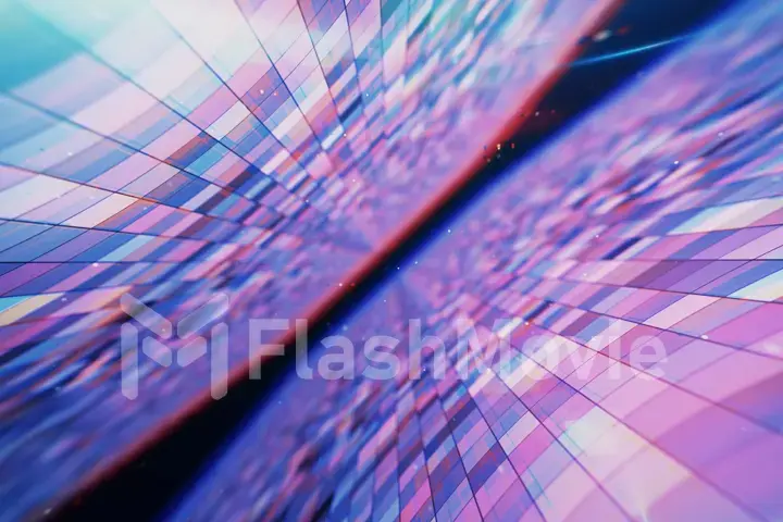 Flying in an abstract space with glowing flashing squares, blue red pink violet spectrum, fluorescent ultraviolet light, modern colorful lighting, 3d illustration