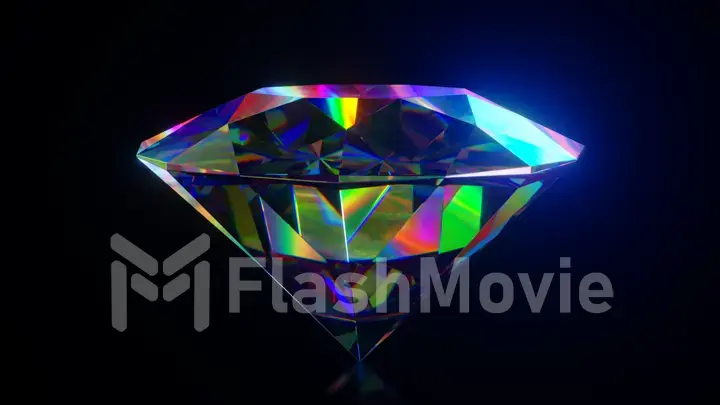 Beautiful large crystal clear rainbow shining round cut diamond, rotates against a black mirror isolated background. Close up side view. 3d illustration