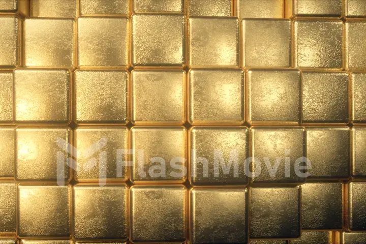 Beautiful abstract golden cubes. The golden wall of blocks is moving. 3d illustration