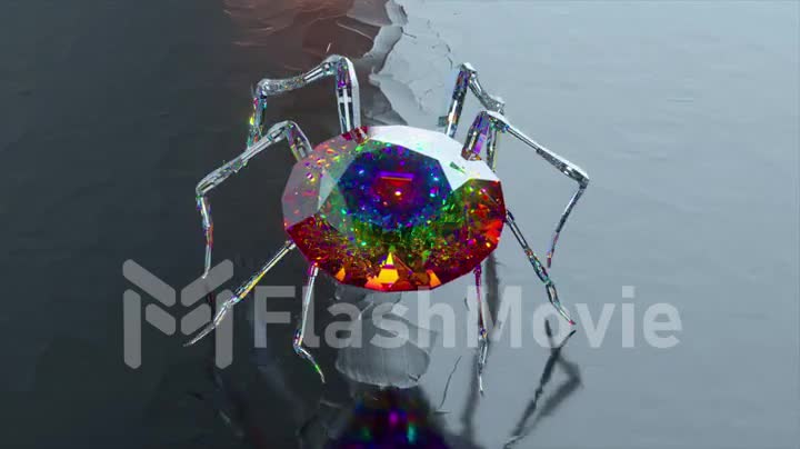 Abstract concept. A glass spider with a large colored diamond on its back walks. 3D animation of a seamless loop.