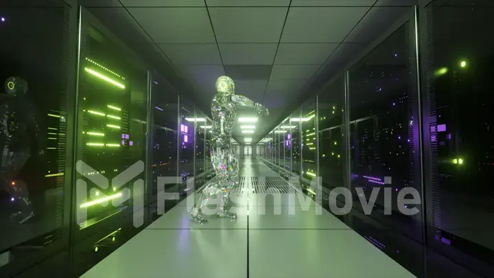 The diamond robot is dancing on the background of the server room. Dancer. Neon light. 3d Illustration