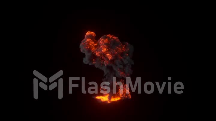 Ultra realistic fiery explosion from a bomb or gas with black thick smoke on an isolated black background.