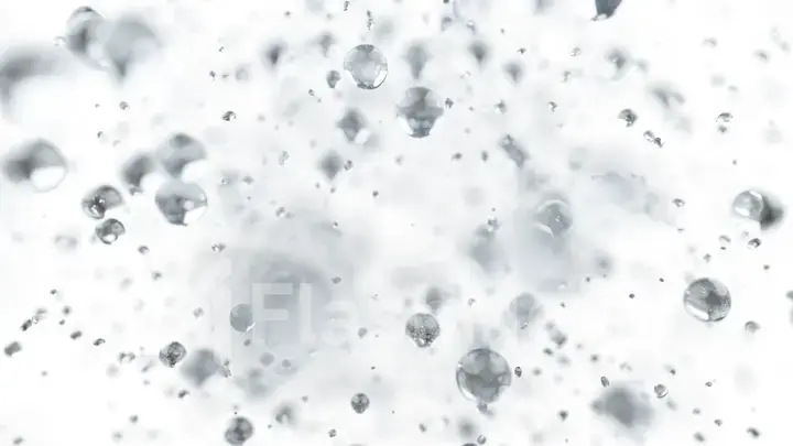 Explosion of water droplets into the camera in slow motion on an isolated white background. 3d illustration
