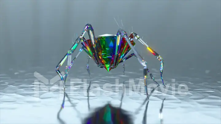 Spider with a body made of a large diamond stone walks on a smooth mirror surface. Rainbow color.