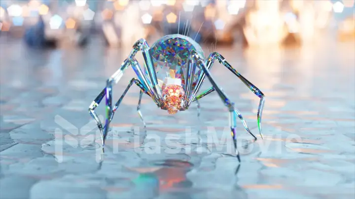 Abstract concept. A large diamond spider walks on a glass mirror surface. Blue red light.