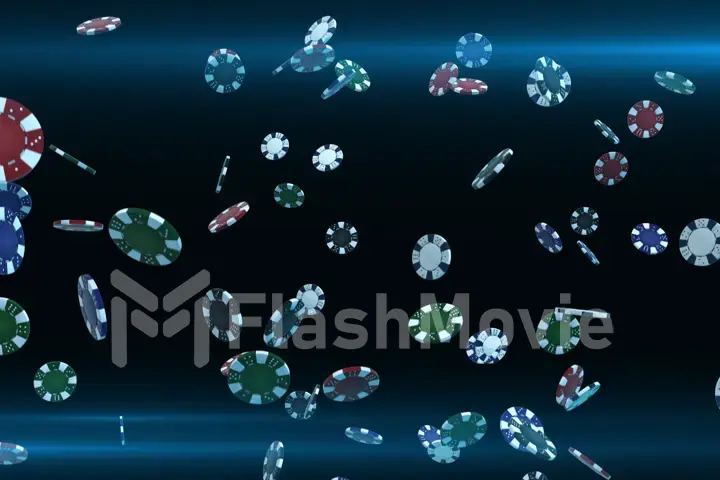 Flying casino chips in camera with rays of light on a colorful background 3d illustration