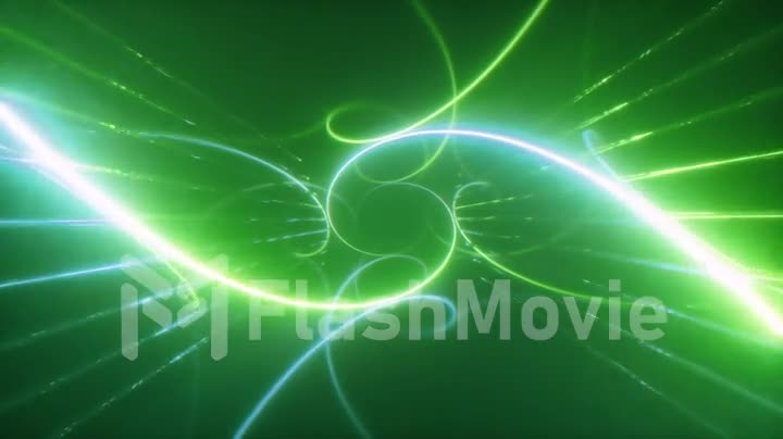 Abstract colorful flight in a futuristic corridor with a glowing laser spiral, seamless loop 4k background, fluorescent light, geometric infinite tunnel, green color, 3d render