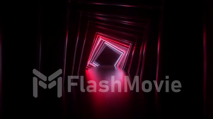 Abstract neon square tunnel technological. Endless swirling animated background. Modern neon light. Bright neon lines sparkle and move forward. Seamless loop 3d render
