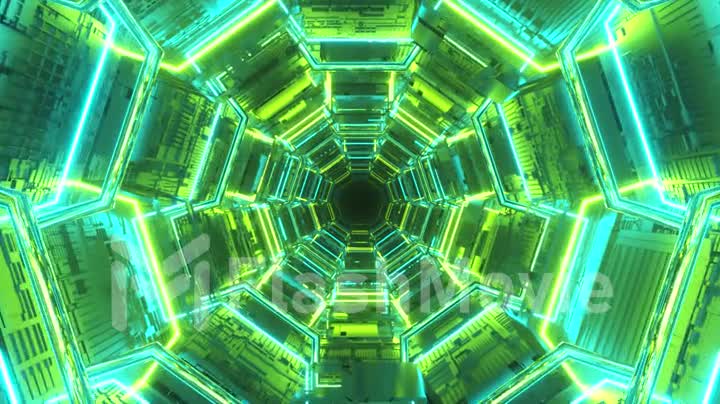 Endless corridor of the future. Spaceship. Neon lighting. Flying in the tunnel. Seamless loop 3d render