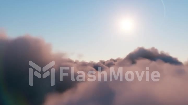 Flight through moving cloudscape with beautiful sun rays