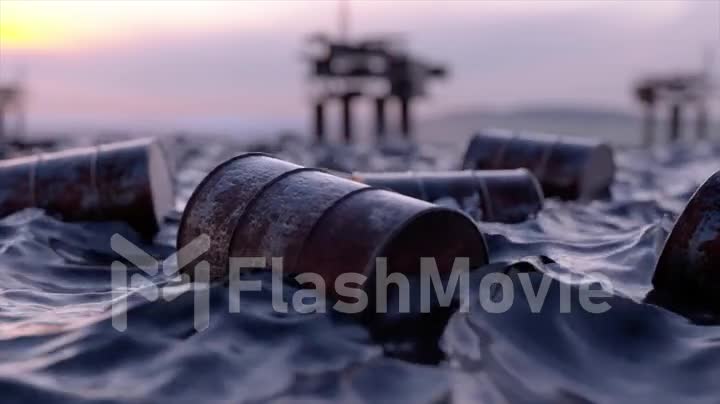Oil concept. Embargo. Empty oil barrels float in a sea of oill against the backdrop of oil rigs. Ecological catastrophy.