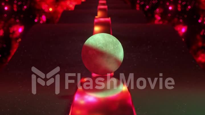 A stone ball rolls along a metal track. Moon. Reflection. Space background. Red neon color. 3d animation