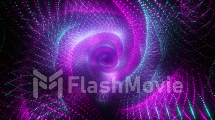 Abstract technological flight in digital space. Bright neon dots forming a data transmission tunnel. Modern ultraviolet blue purple light spectrum. Seamless loop 3d render