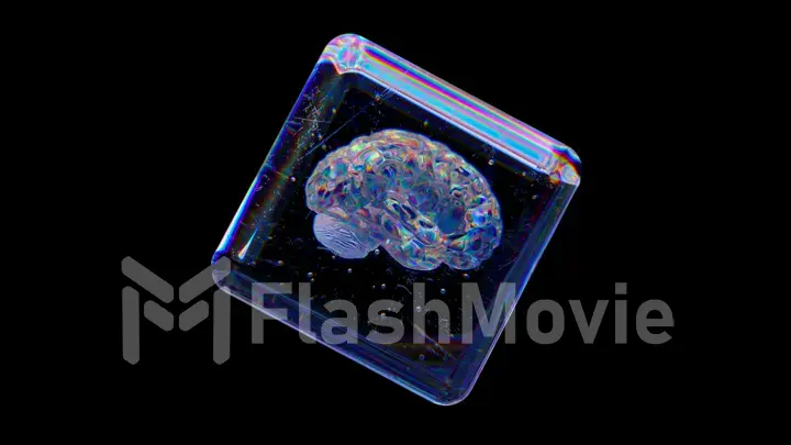 Crystal cube rotates on a Black Isolated Background. Diamond brain inside a transparent cube. Rainbow.