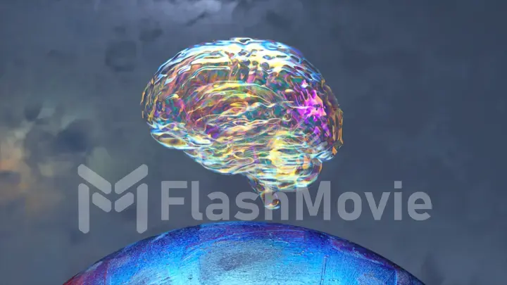 A diamond brain floats above a blue glossy sphere. Abstract background. Transparent rainbow color. 3d illustration