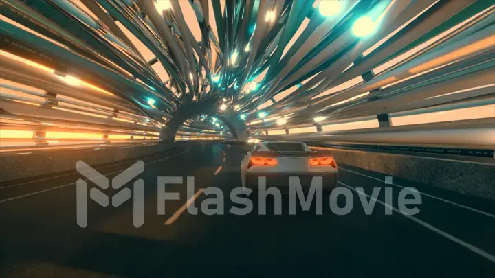 The movement of car on a futuristic bridge with fiber optic. Future technologies concept. Business background. Pleasant natural light. 3d illustration