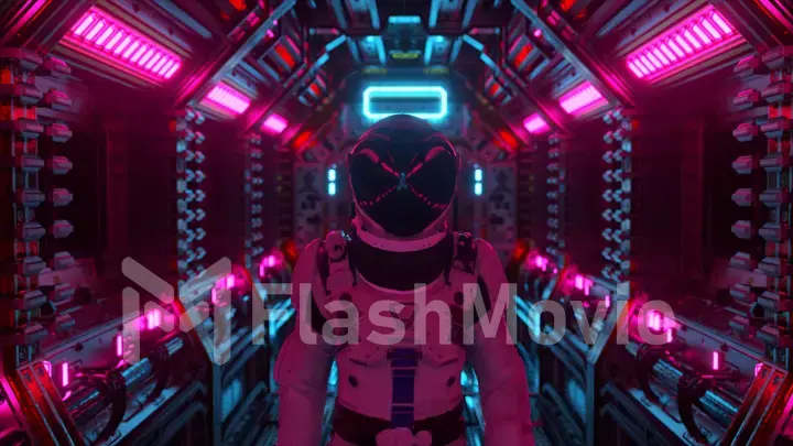 Astronaut walking in spaceship tunnel, sci-fi shuttle corridor. Futuristic abstract technology. Technology and future concept. Flashing light. 3d illustration