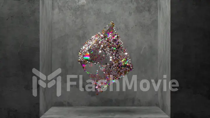 Abstract concept. Crystal rhombus rotates. Diamond particles are attracted to the surface of the figure. Decoration.