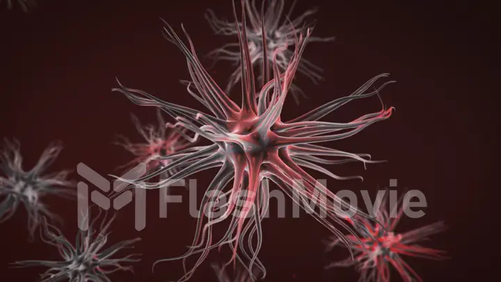 Viral bacterium under a microscope on a red background