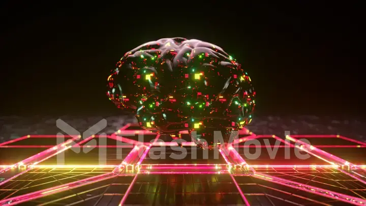 Futuristic concept. A glass brain floats above the surface. Microcircuits. Green red neon light. 3d Illustration