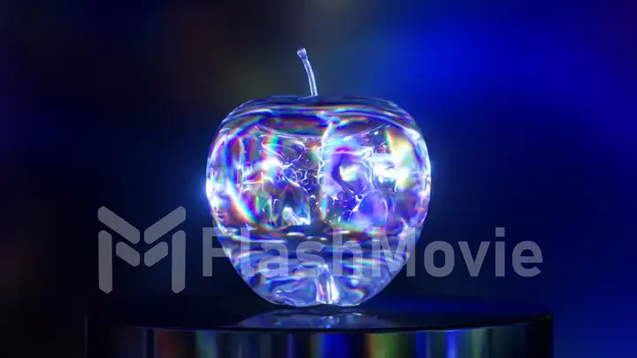 Abstract concept. Liquid mirror transparent substance takes the form of an apple. Blue neon color.