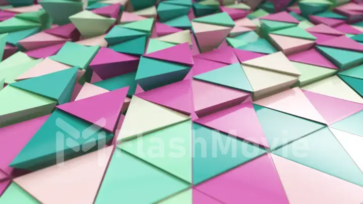 Abstract motion animation of bright multi-colored three-dimensional triangles. Pastel nice calm colors. 3d illustration