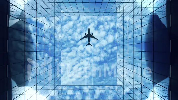 Passenger plane flying in the sky with clouds over a modern glass building. Bottom view. Travel concept. 3d illustration